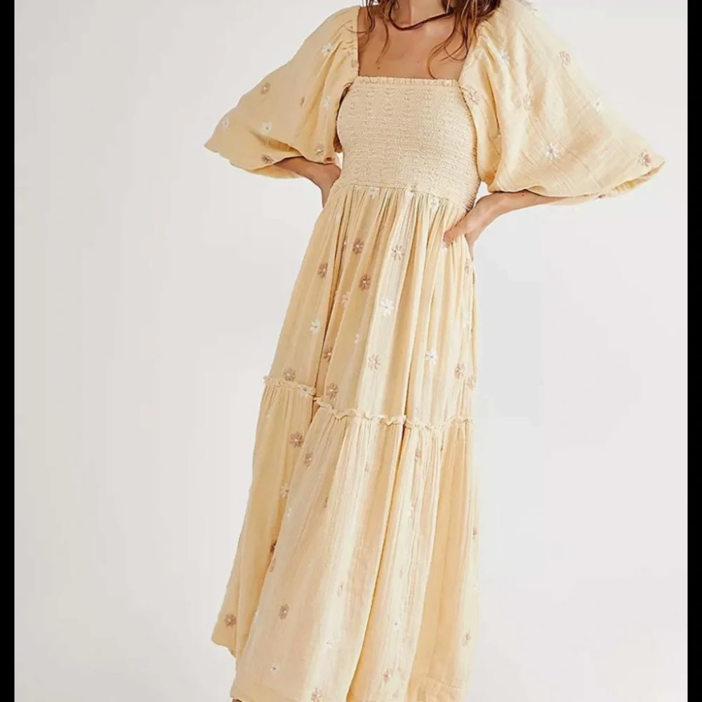 Free People Pale Yellow Floral Embroidered Maxi Dress